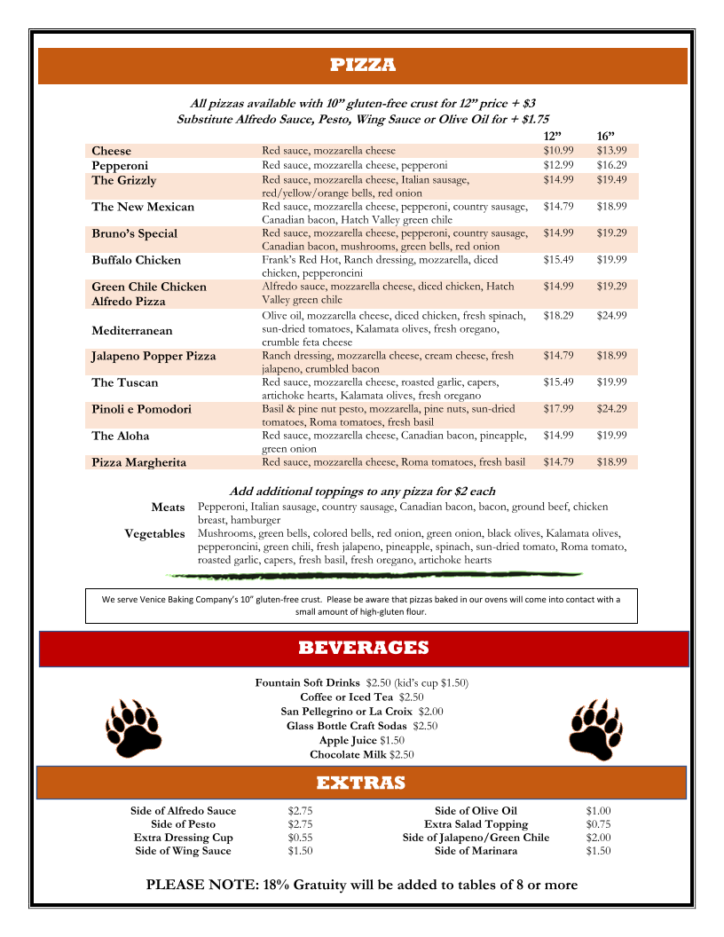 Menu - Bruno's Pizza & Wings photo 1