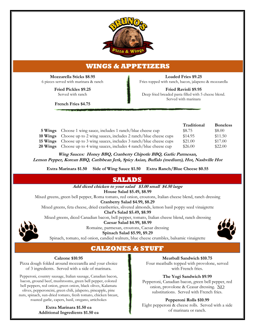 Menu - Bruno's Pizza & Wings photo 2